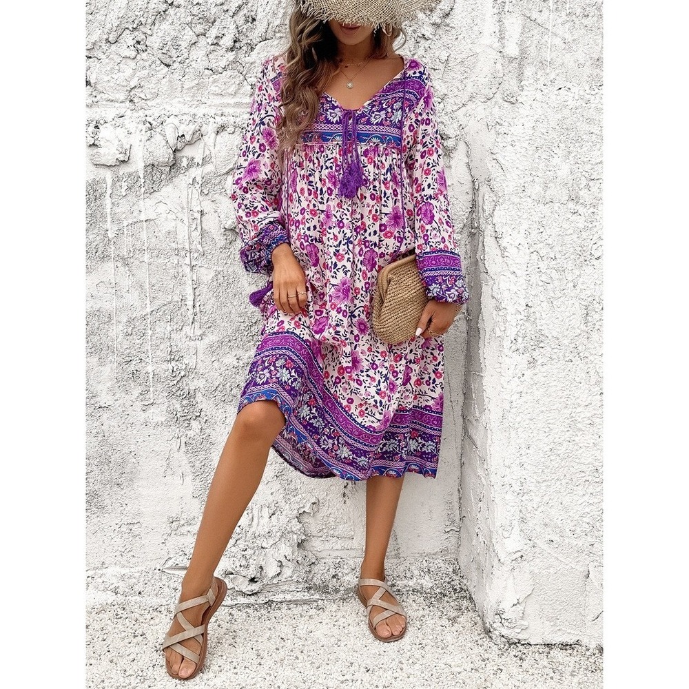 R‎ Vivimos Boho Midi Floral Dress Size S Purple Gypsy Peasant Hippie Festival
